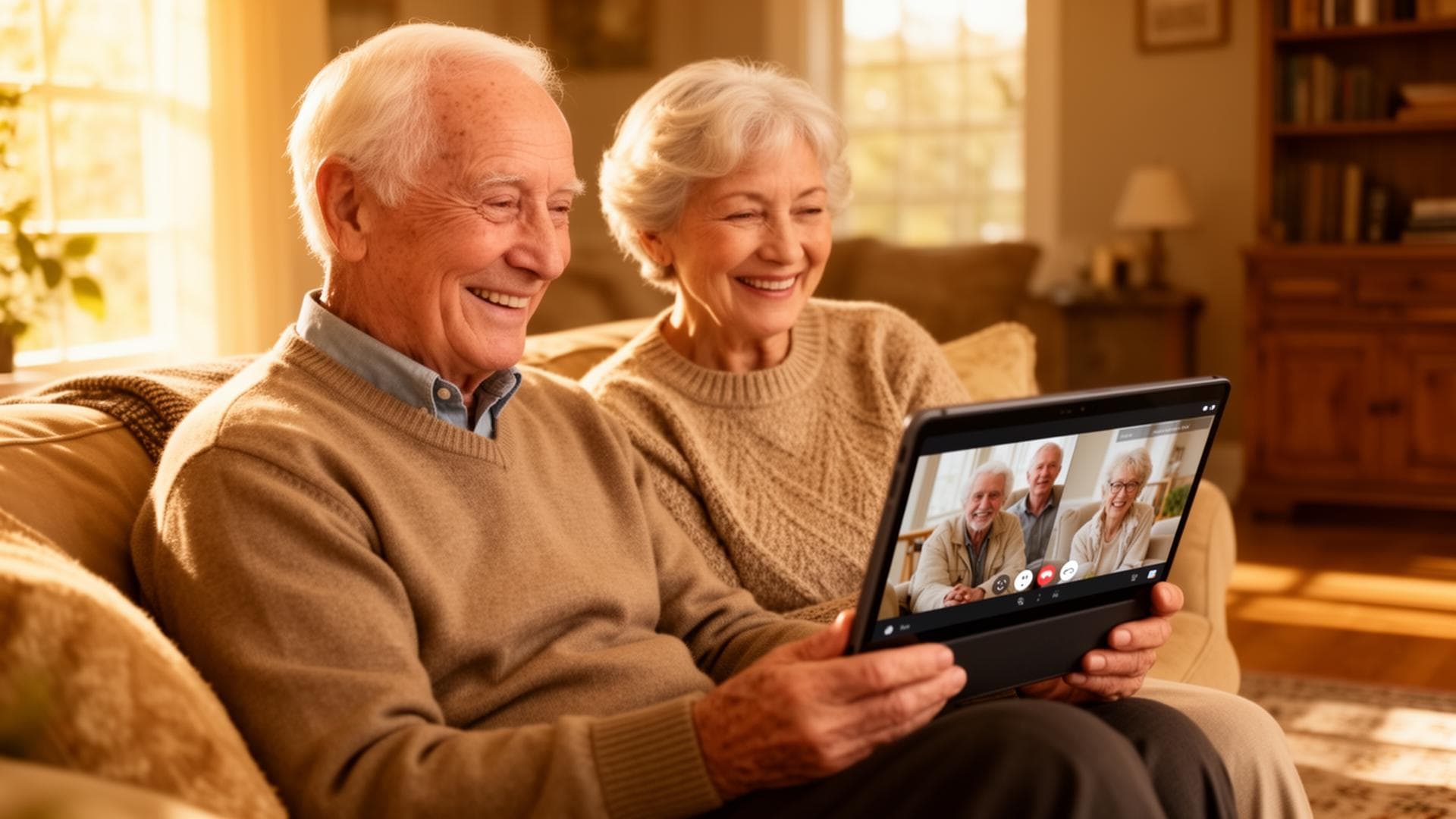 Senior couple video calling family