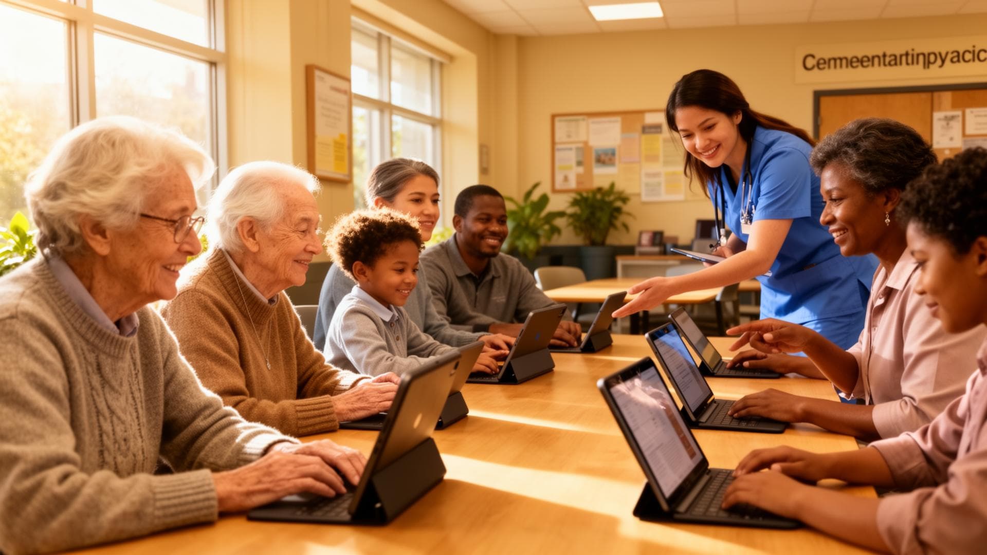 Team collaborating with seniors and caregivers